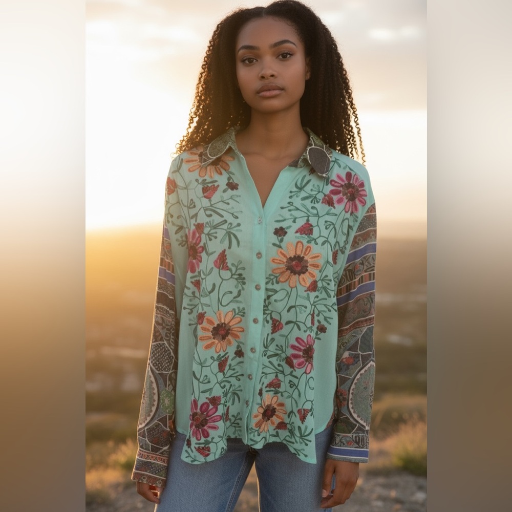 John Mark Teal Floral Long Sleeve Blouse